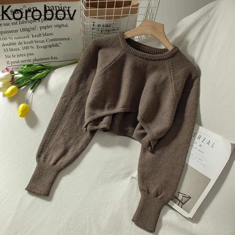 Korobov 2020 New Preppy Style Streetwear Crop Knit Pullovers Korean Long Sleeve O Neck Solid Sweaters Vintage Jumper Femme