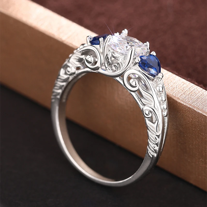 Huitan 925 Sterling Silver Blue CZ Rings for Women Gorgeous Vintage Pattern Finger Accessories Luxury Party Engagement Jewelry