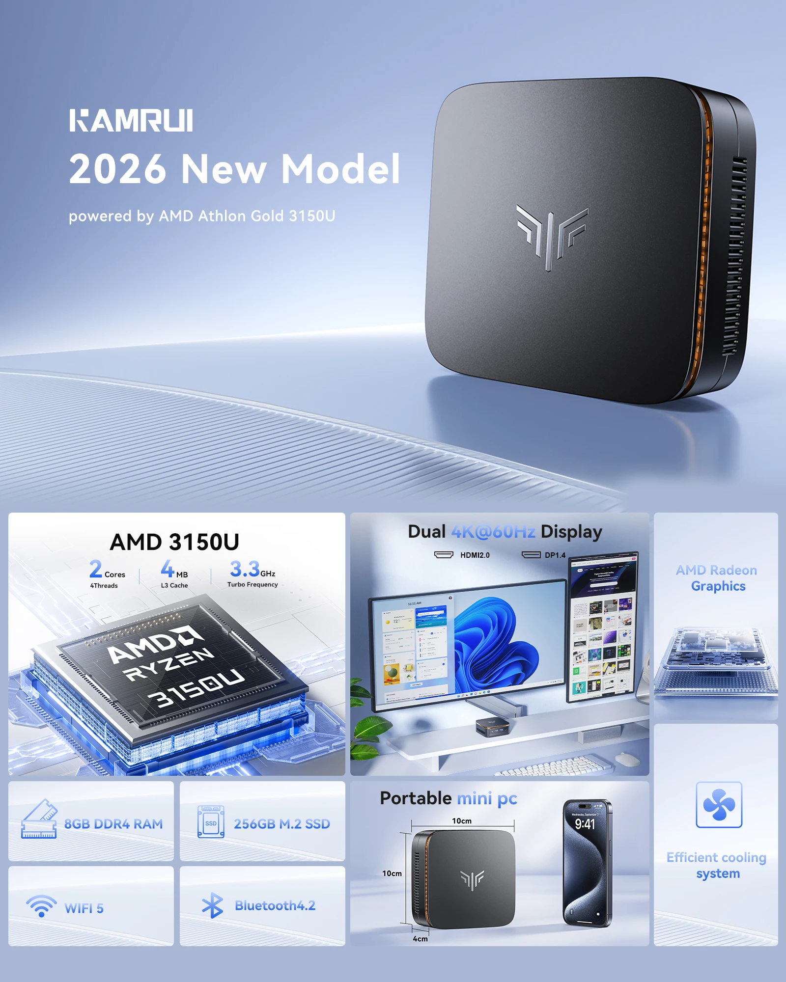 KAMRU Mini PC DDR4 8GB 256GB M.2 SSD AMD 3150U Win11 Pro 4K HDMI Dual WiFi BT4.2 Mini Komputer Stacjonarny do Biura Domowego i Pracy