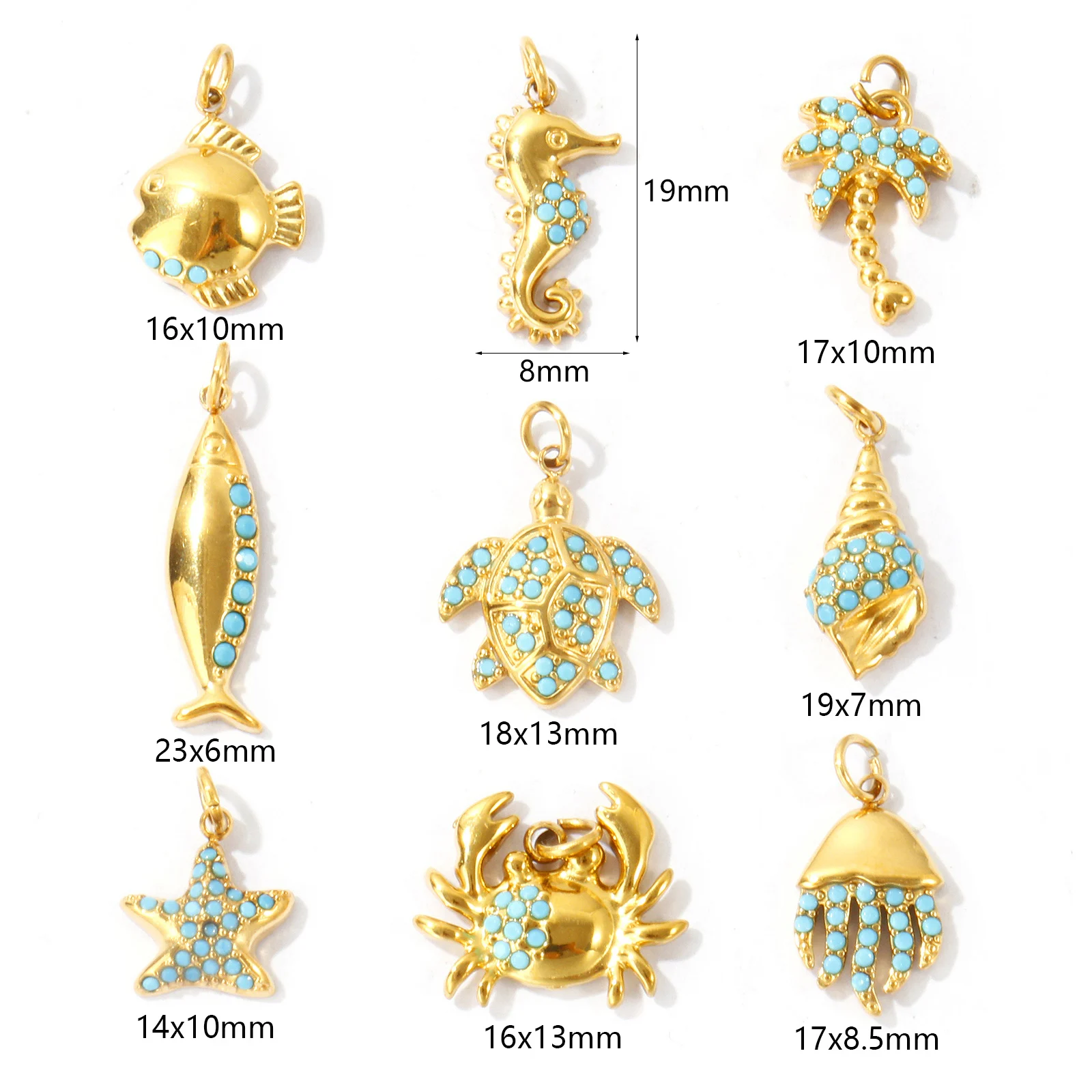 2pcs Mini Ocean Fish Turtle Crab Animal Charms Blue Rhinestone 18K Gold Plated Stainless Steel Pendants For Women DIY Jewelry view 2