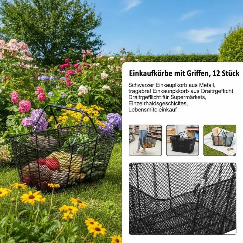 Obrázek 6: Nákup košíky s madla, 12 kousky, černá kov nákup koš, přenosné drát nákup koš, černá drát pletivo nákup koš sada pro supermarketech, drobný obchody, grocery nákup, černá