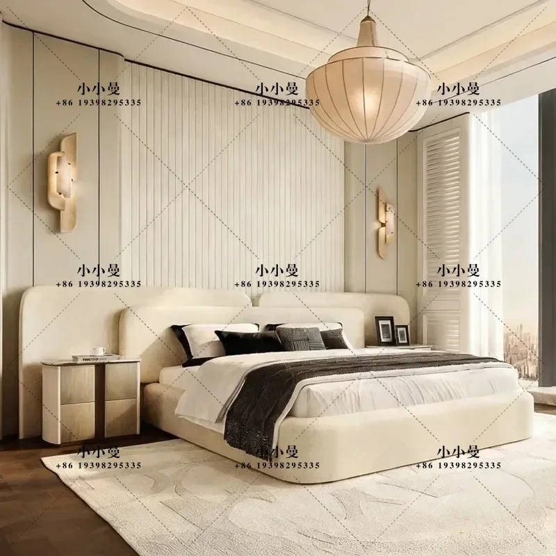 Italian Fabric Queen Size Bed Soft Upholstered Platform Bed Large Flat Headboard Modern Minimalist Luxury Double Bed for