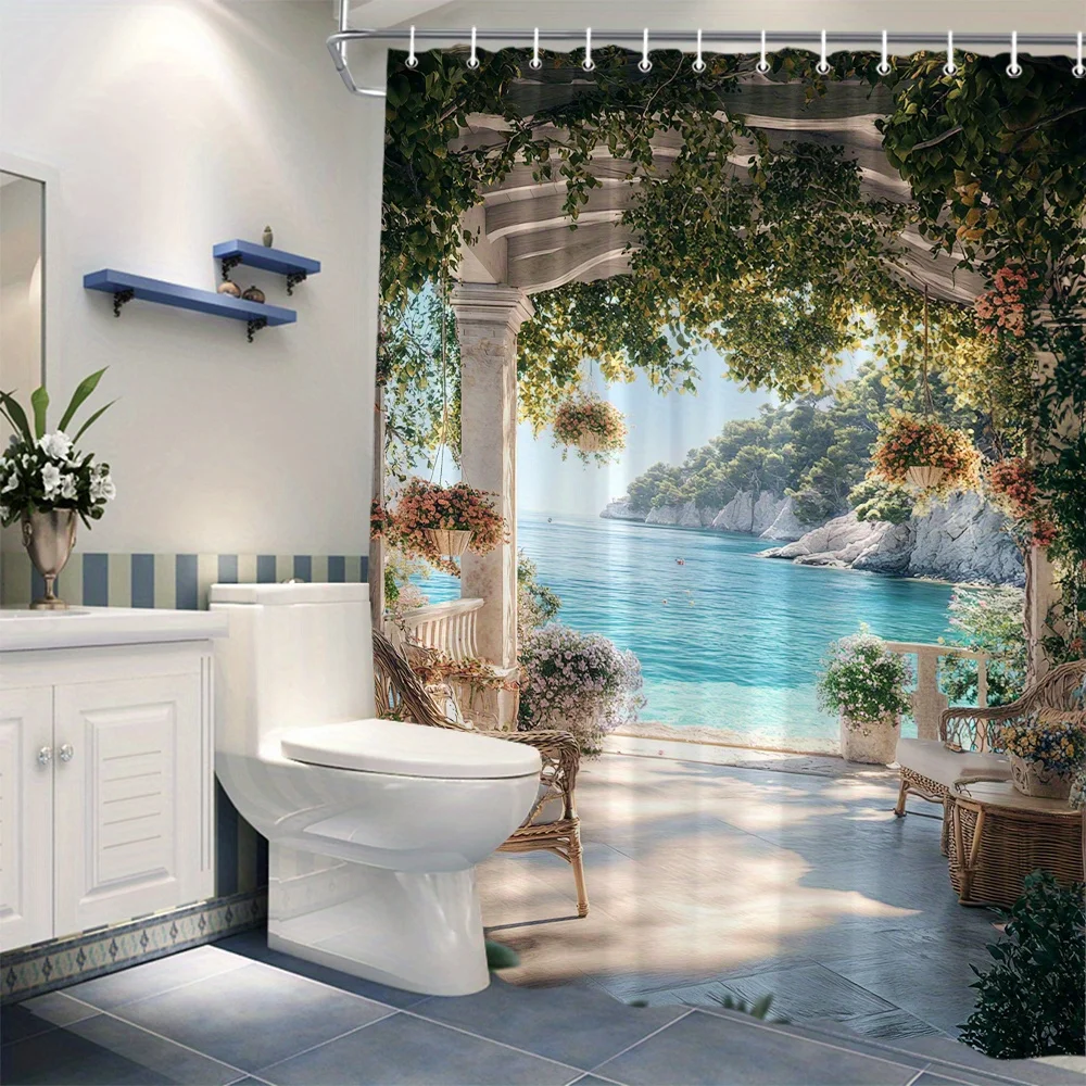 1pc Shower Curtain - Mediterranean Seaside View with a Serene Ocean, Lush Greenery, and Cozy Patio Furniture, Perfect