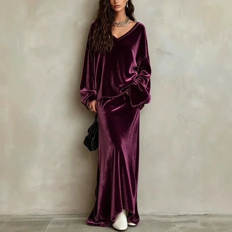 New 2026 Autumn Winter Solid Color Velvet V Neck Sweater Skirt Set Women Casual