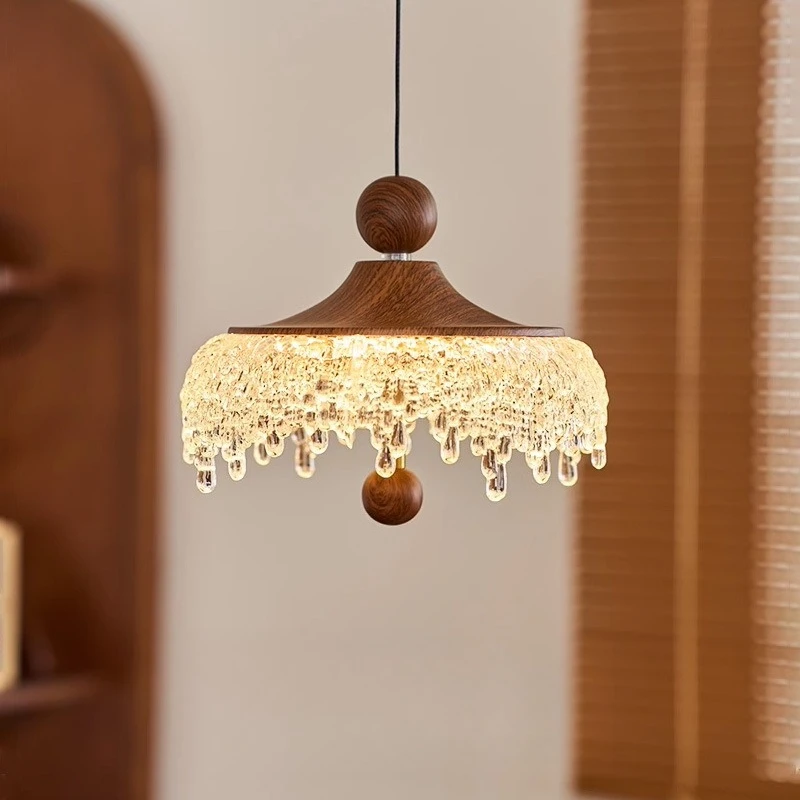 

French medieval water drop chandelier retro walnut color imitation crystal high-end dining room bedroom