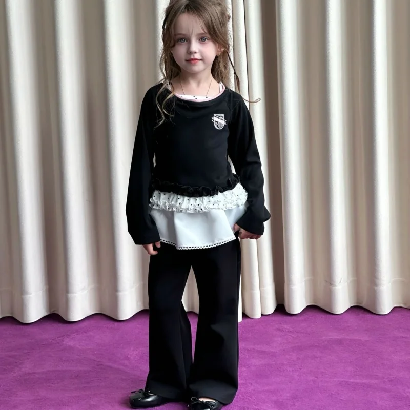 

SeasonSea, расклешенные брюки с рюшами для девочек, юбка, леггинсы с бантом, кружевные весенне-осенние детские брюки, искусственная двухсекционная одежда для малышей