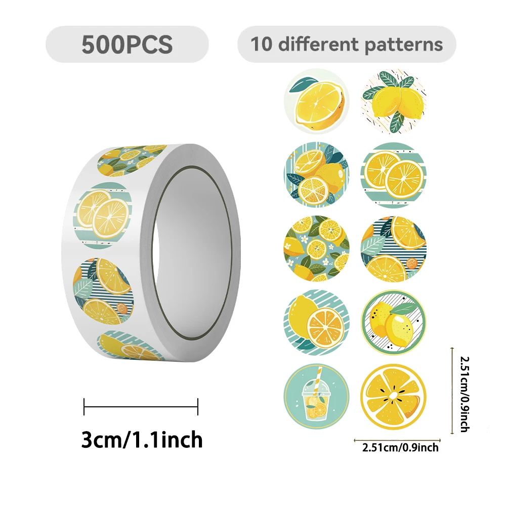 500pcs Business Round Shape Fruit Cute PVC Stickers Roll Lemon Stickers Label Stickers Envelope Gift Water Cup Guitar Skateboard