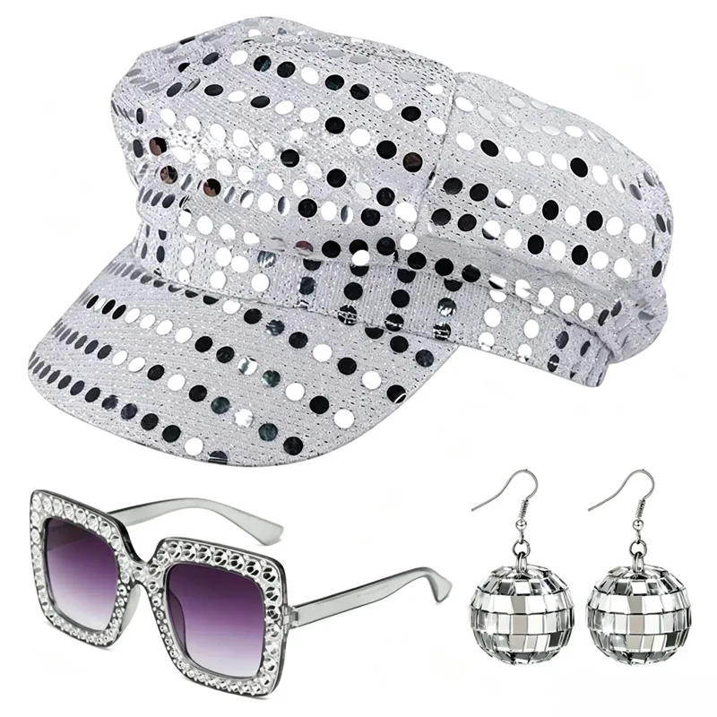 Halloween Disco Costume Accessories Set Women 70s 80s Disco Earrings Sequin Hat Sunglasses Stage Performance Props