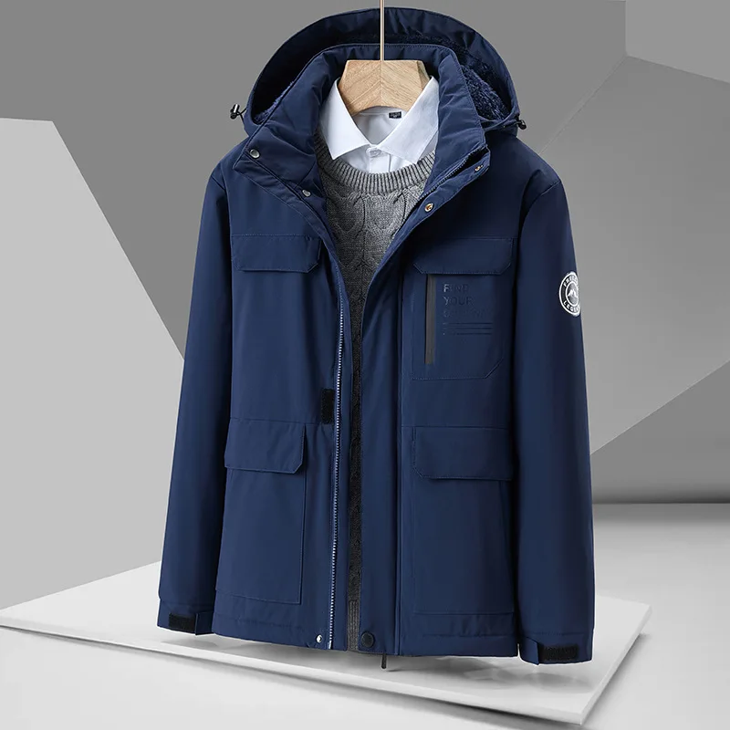 

Мужская зимняя хлопковая куртка с капюшоном, съемной флисовой подкладкой, множеством карманов, большого размера, модная, в городском стиле, утепленная, из искусственной кожи