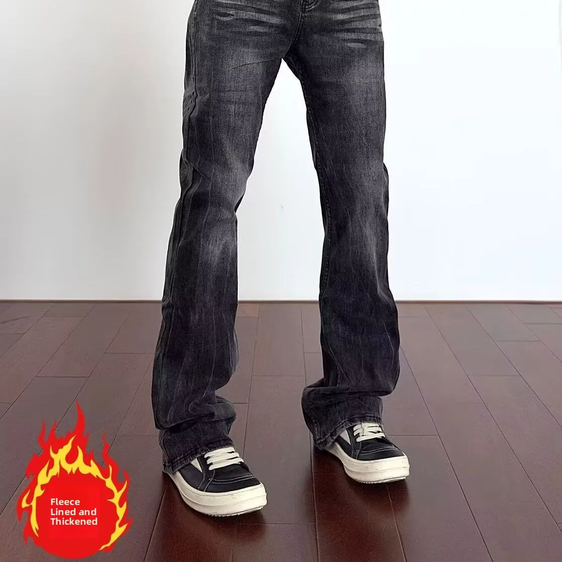 

Утепленные джинсы Fce Lined Thiened American Retro из денима с эффектом потертости, прямого кроя, с расклешенными штанинами, для мужчин и женщин
