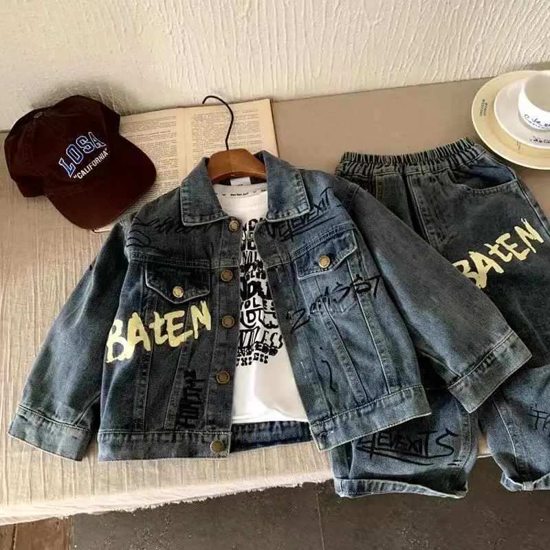 Boys Denim Set Spring Autumn New Korean Style Kids Clothes Fashion Trendy Letter Print Denim Jacket Jeans Two Piece Set