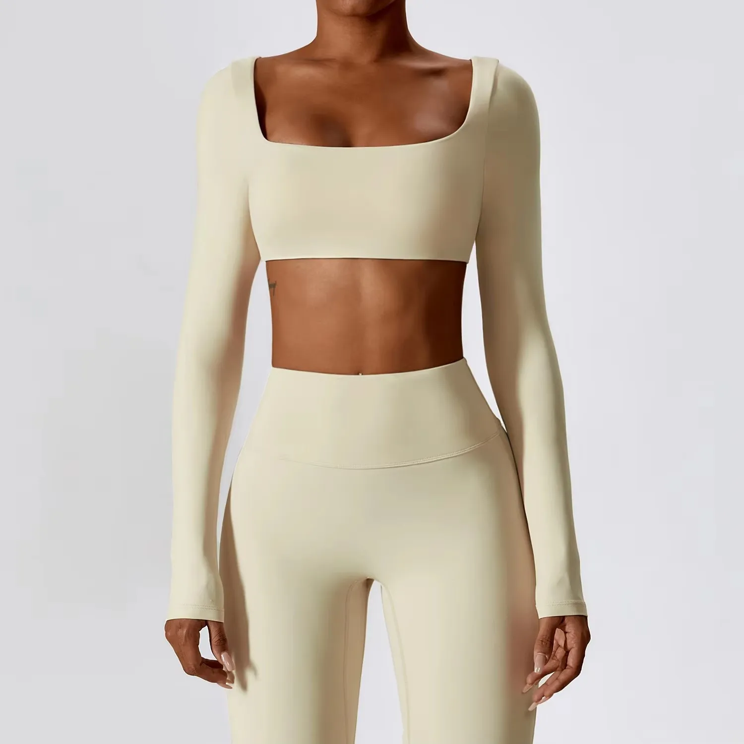 Gym Sport Wear Women Crop Tops Yoga T-shirts Solid Sports Top Long Sleeve Running Shirts Sexy Exposed Navel Quick Dry Fitness