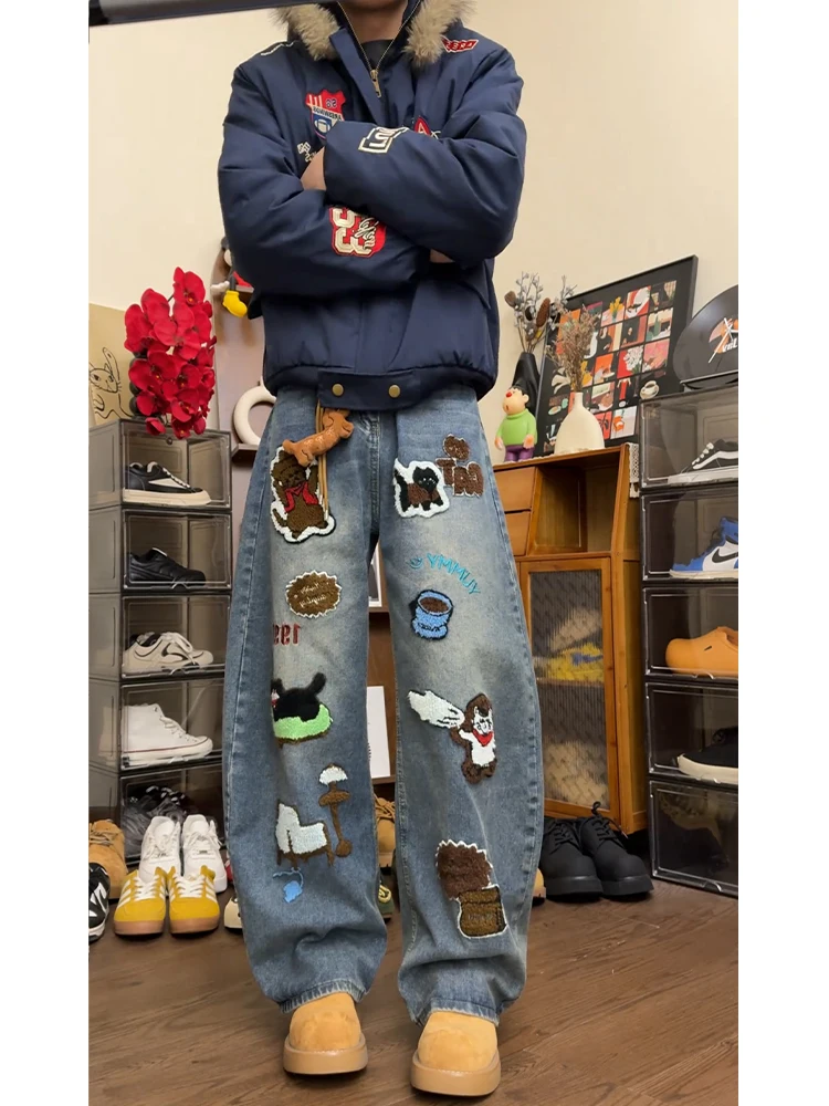 

Синие мужские джинсы в американском ретро-стиле с мультяшной вышивкой, зимние, оверсайз, с широкими штанинами, свободного кроя, повседневные