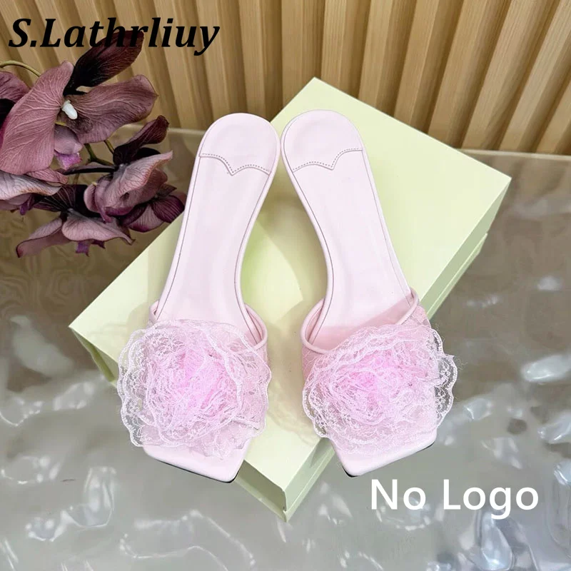 Slippers women's lace flower square toe kitten high-heeled sandals elegant mesh high-heeled shoes fashion wedding party shoes