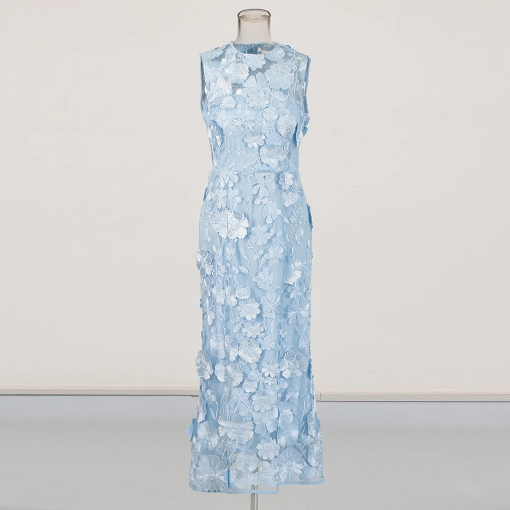 TWOTWINSTYLE Solide Abnehmen Verstärktes Applikationen Kleider für Frauen Rundhals Ärmellose Patchwork Sheer Temperament Kleid Weibliche Neue