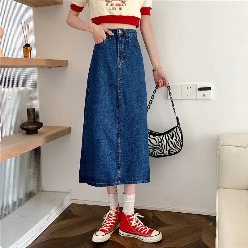 2024 Fashion Vintage Long Denim Skirts Woman Spring Summer High Waist Button Pockets Split Jeans Straight Maxi Denim Maxi Skirts