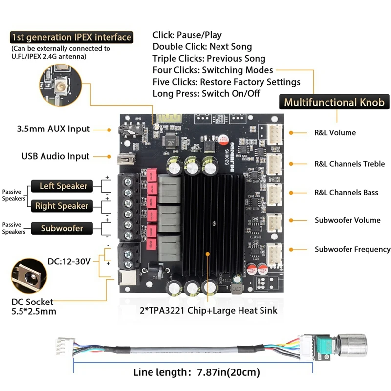 B03B-NEW S200HS-W Bluetooth 5.2 Subwoofer Digital Amplifier Board 2.1 Channel 100W+100W+200W Wide Voltage 12-24V Stereo Hifi