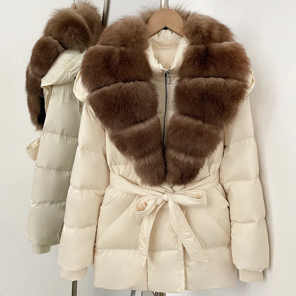 OFTBUY Große Jacke mit Kapuze und natürlichem Pelzkragen, mit echtem Fell, dicker Gürtel, Reißverschluss, Daunenjacke, Damen-Wintermantel – Detail 24