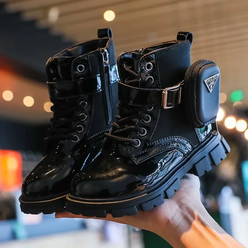 Kids Boots Fashion Patent Leather Girl Shoes British Style Ankle Boots Warm Plush Snow Boot Waterproof Non-slip Children's Shoes image 6