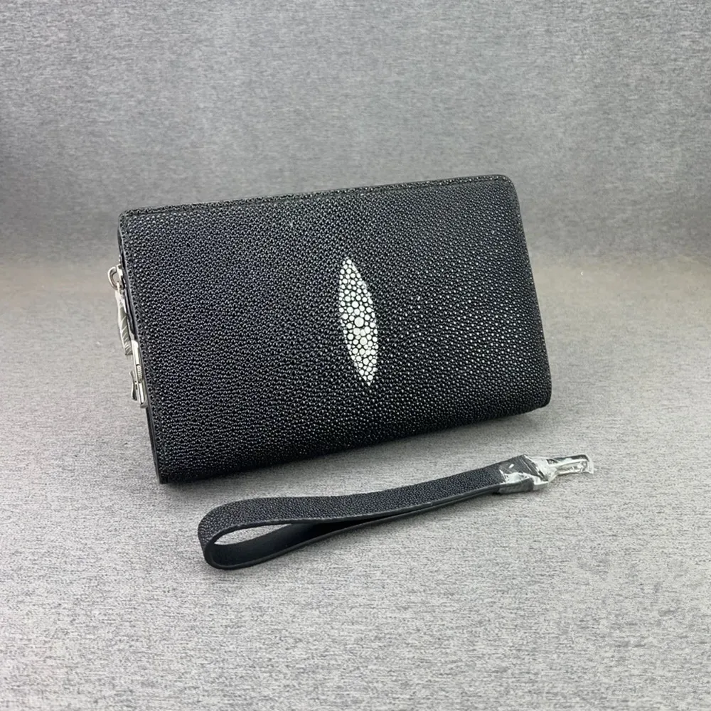 Authentic Sand Polish Stingray Skin Business Zip Lock Wristlet Clutch, Genuine Exotic Leather Black Card Purse for Men