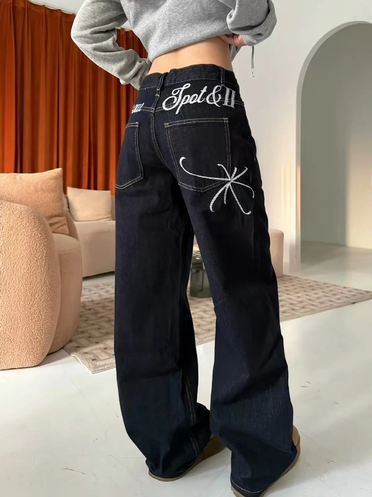 American Style Bell Bottom Denim Jeans Women's Autumn New Style Pear Body Shape Draping Long Pants Embroidered Letter Design
