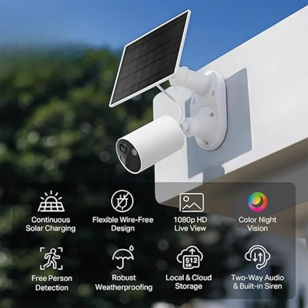 Outdoor Wireless Security Camera 1080p Solar Powered Battery Person Detection No Subscription Local Storage Cloud Option