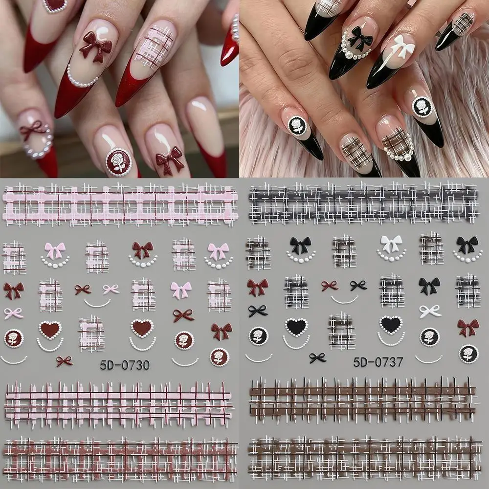 2/3Pcs 5D Embossed Plaid Bow Heart Nail Stickers Red Pink Black White Checkered Nails Decals Sweet Korean Grids Manicure Sliders