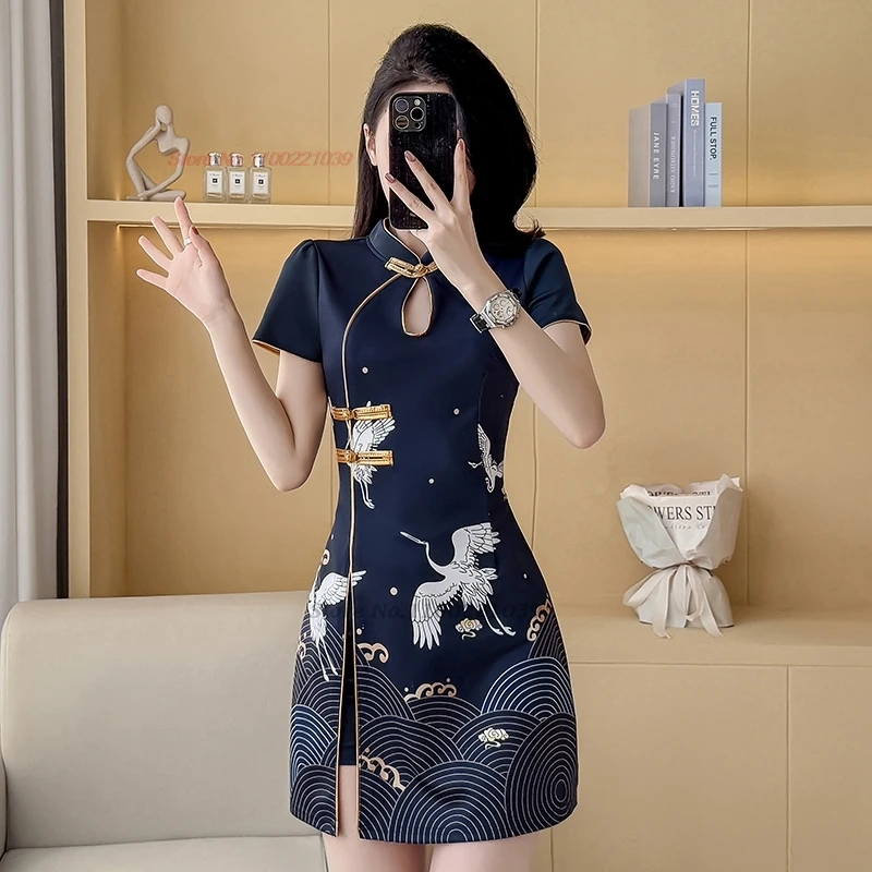 

2026 chinese sxey banquet nightclub dress crane print improved cheongsam dress+shorts evening dress spa work beauty uniform