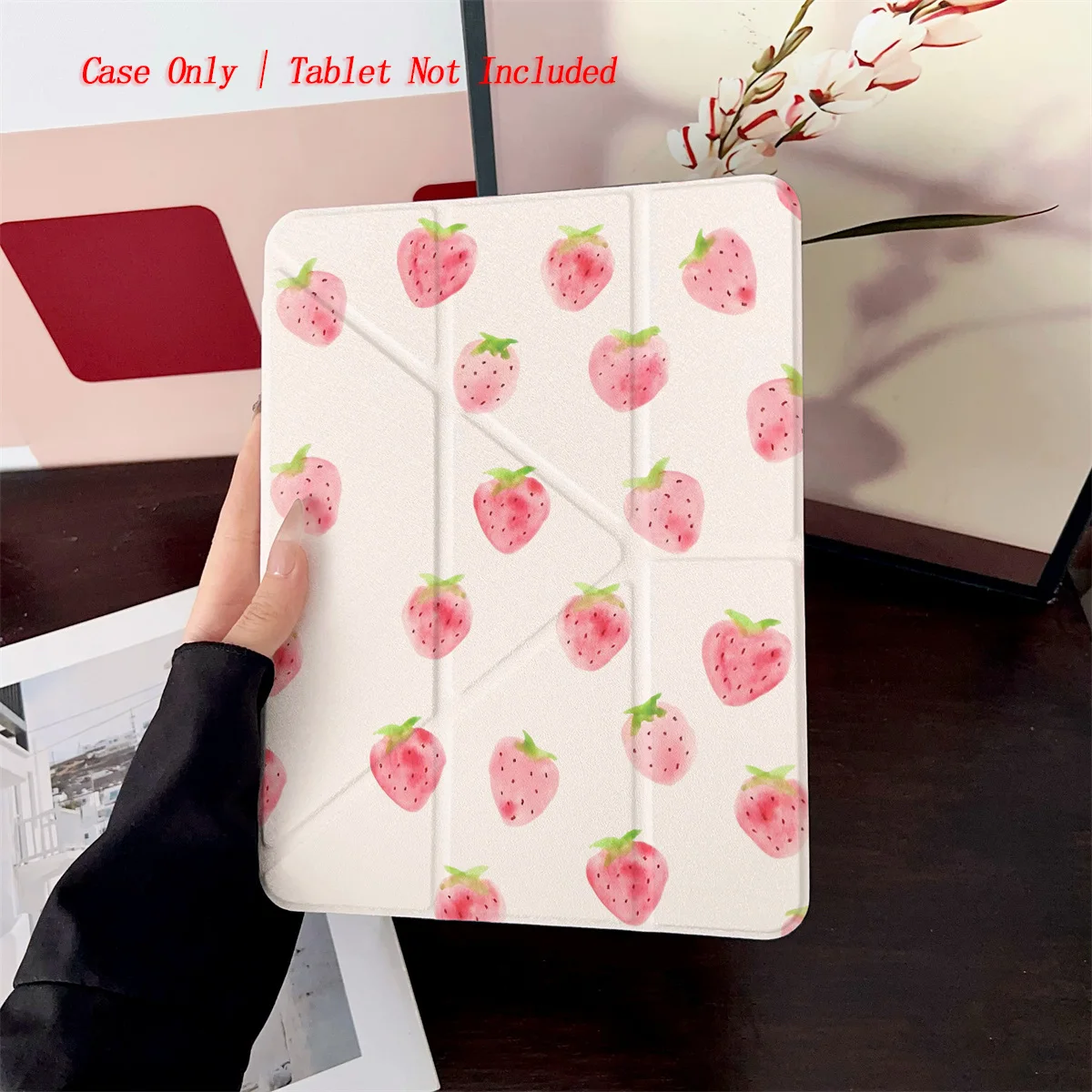 

Adorable Y-Fold Acrylic Pastel Pink Strawberry Print iPad Case For Apple iPad Pro/Air/Mini Slim Anti-Scratch Cover