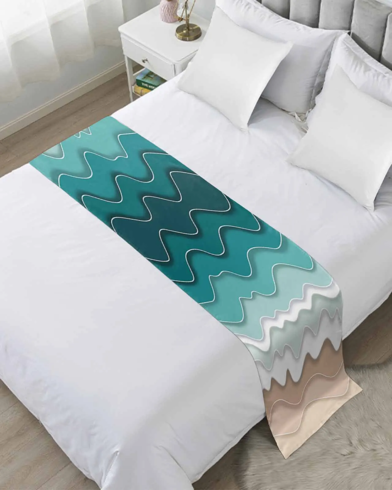 

Abstract Turquoise Waves Gradient Bed Runner Luxury Hotel Bed Tail Scarf Decorative Cloth Home Bedroom