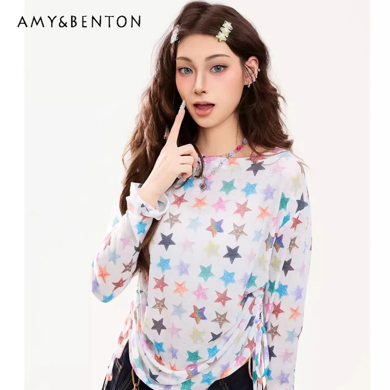 

Japanese Design Hot Girl Color Star Women's Long Sleeve Top 2026 Spring Folds Loose Sweet Versatile Age Reduction T-Shirt Ladies
