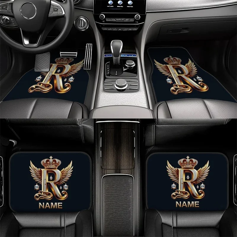 Four-Piece Customized Car Mat Set | Featuring Letter R, Crown, And Wing Design - Perfectly Fits Universally Applicable Car Inter