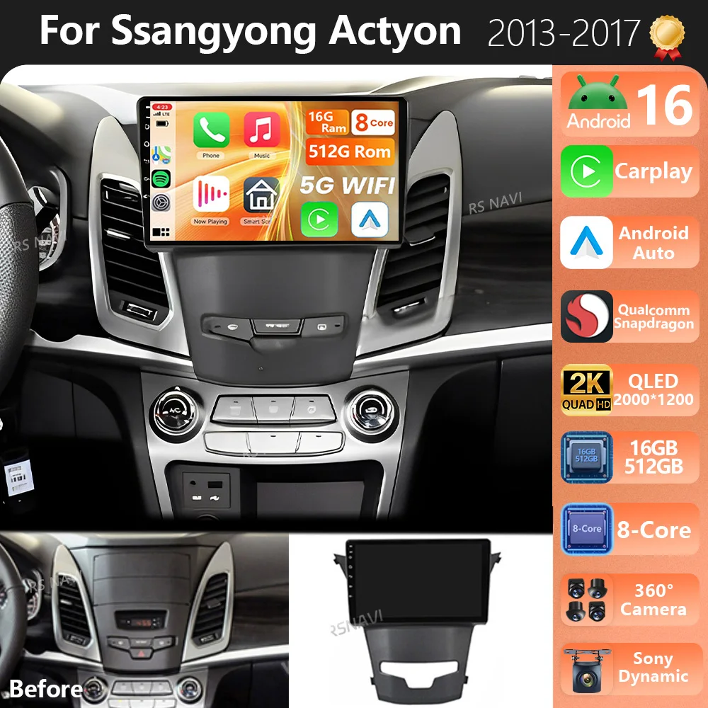 Plug and Play Android 16 For SsangYong Korando 3 Actyon 2 2013 - 2017 2K QLED Stereo Car Radio Multimedia Video Player GPS 4G