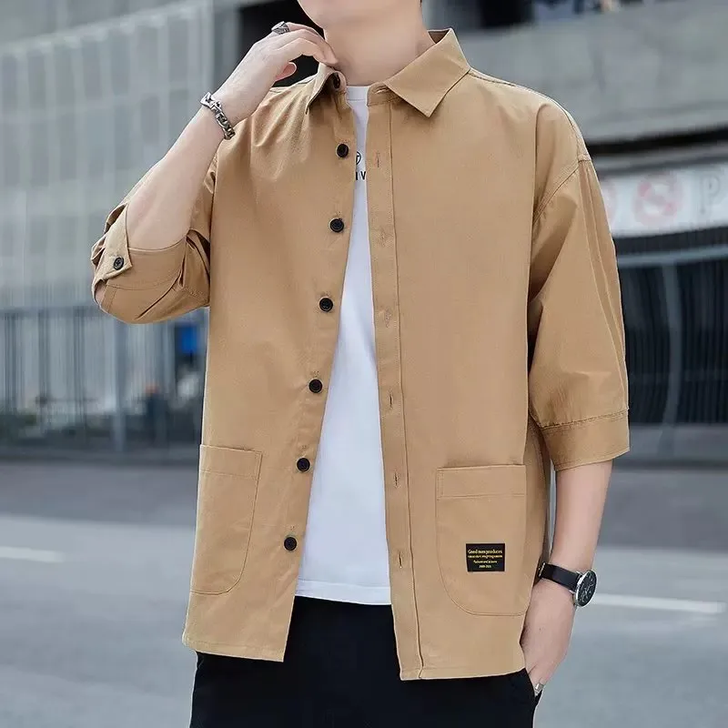 Ice Silk Seven-Quarter Sleeve Casual Loose Thin Men's Shirt Wear-Resistant Dirty Proof Six-Sleeve Jacket Summer Fashion
