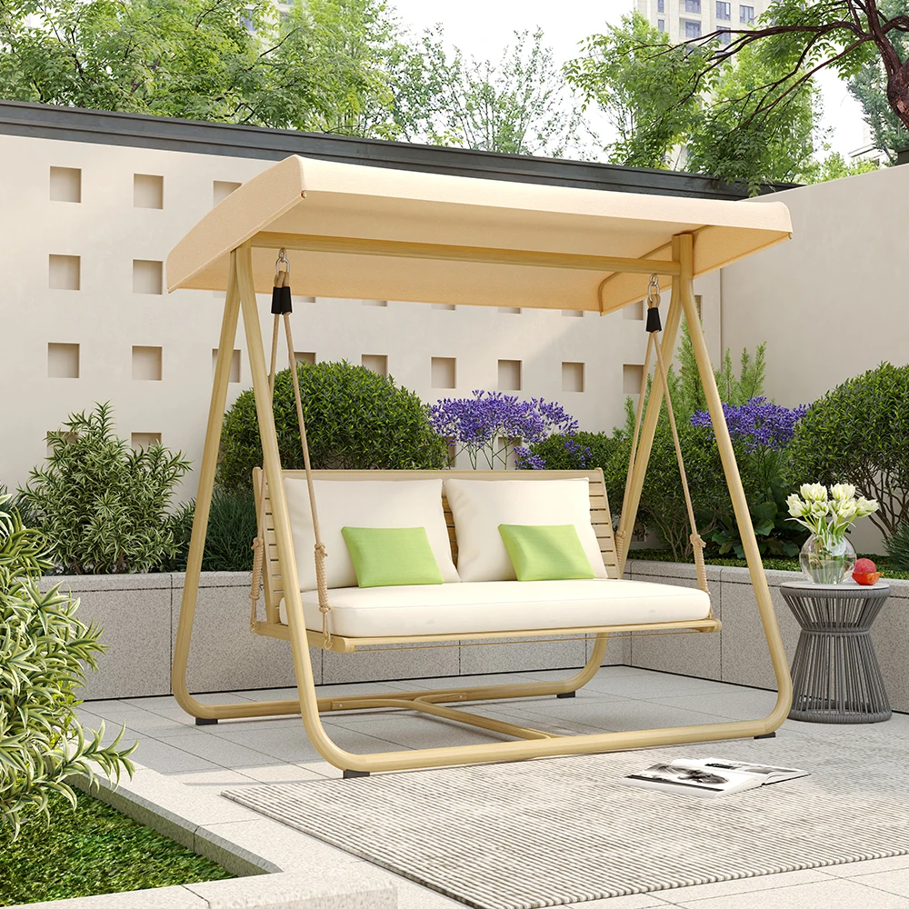 *Y- Modern Aluminum Outdoor Porch Swing with Stand, Canopy & Cushions All-Weather Patio Swing Chair for Garden & Courtyard