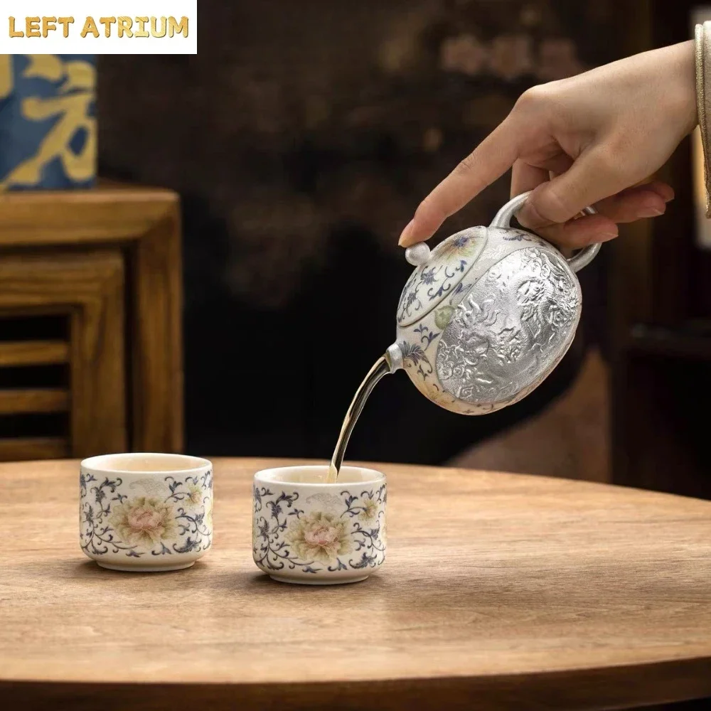 Hand-plated 999 Silver Blue and White Dragon and Phoenix Xishi Pot with Twisted Branches Teapot Making Tea High-end TeaWare Gift