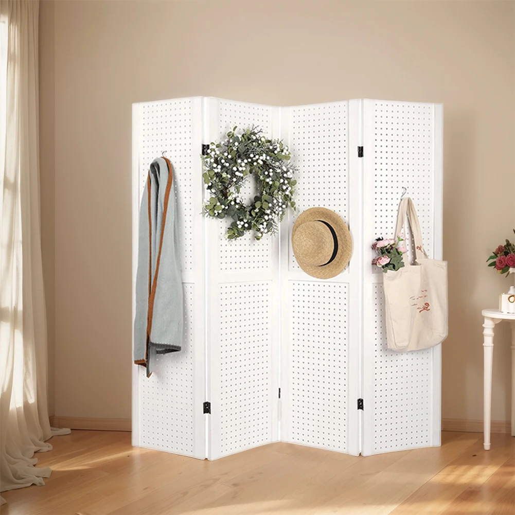 4 Panel Pegboard Display Folding Privacy Screen Wooden Room Divider Portable Freestanding No Assemble Jewelry Display Board Rack