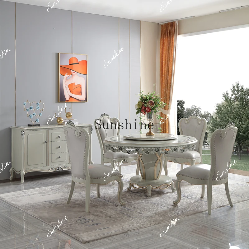 

French court solid wood with turntable household round dining table carving combination FT