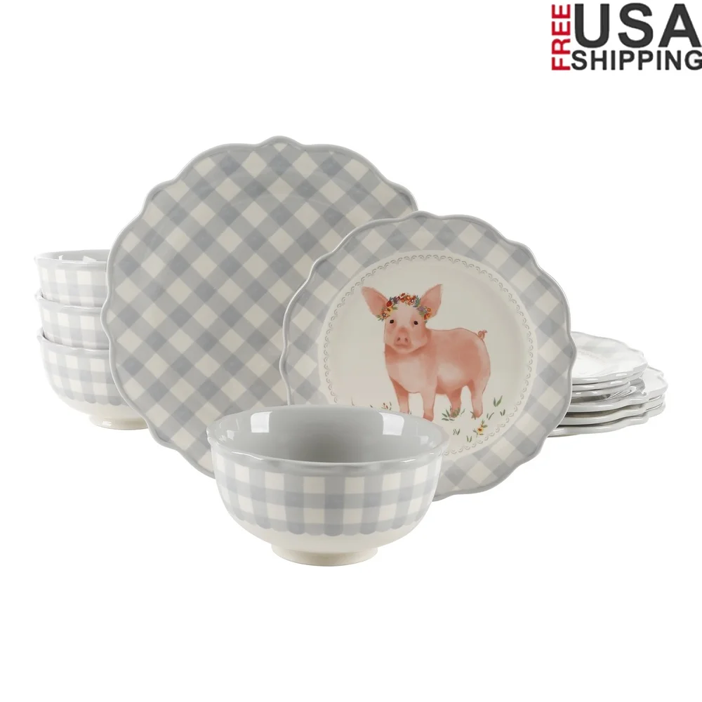 

Elegant Scalloped Edge 12-Piece Dinnerware Set Microwave Dishwasher Safe Durable Ceramic Service Four Gingham Design Kitchen