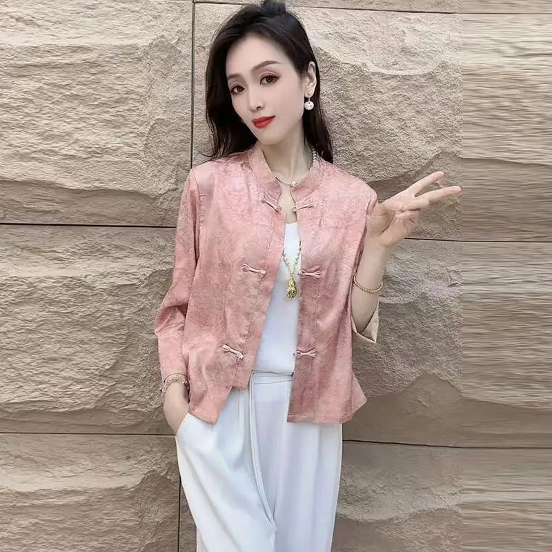 2026 Spring Autumn New Women Clothing Chinese Style Stand Up Collar Jacquard Tops with Stylish Versatile Style Nine Sleeve Coat - view 3