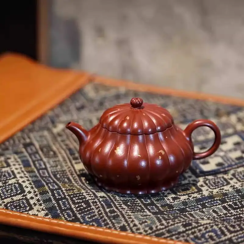 [Changtao]Yixing Famous Artist Tao Jian's Fully Handmade Purple Clay Teapot, Zhu Ni (Red Clay) With Gold Vein Pattern,