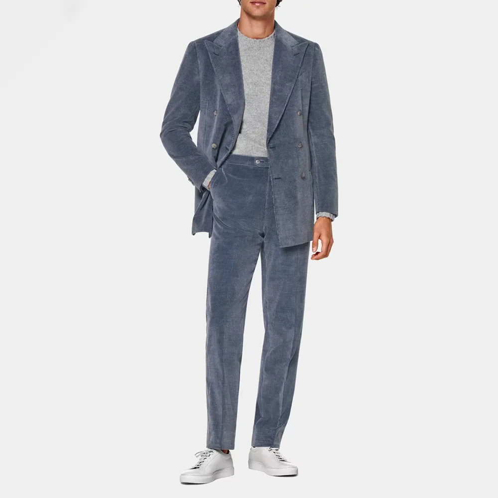 

Trends Costumes Casual Man Dress Suits High Quality Men's Two-Piece Set Double-Breasted Corduroy Fabric Stylish Peak Lapels Suit