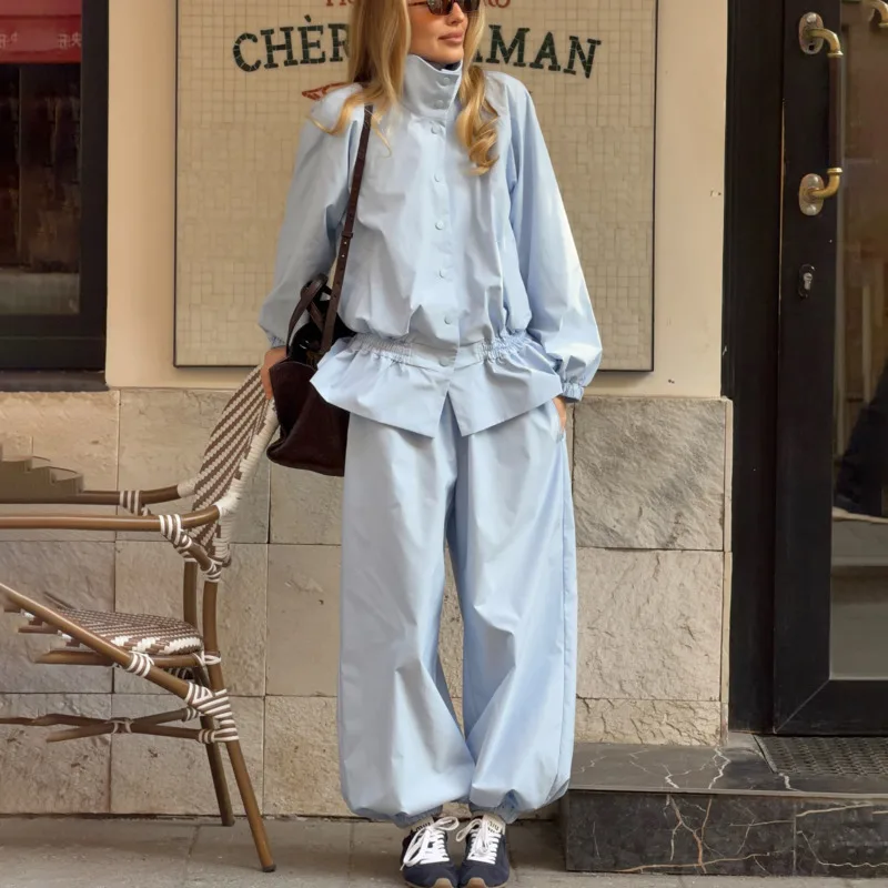 

2026 New Women's Sky Blue Two-Piece Tracksuit, Stand Collar Ruffled Hem Jacket & Balloon Pants, Casual Loungewear