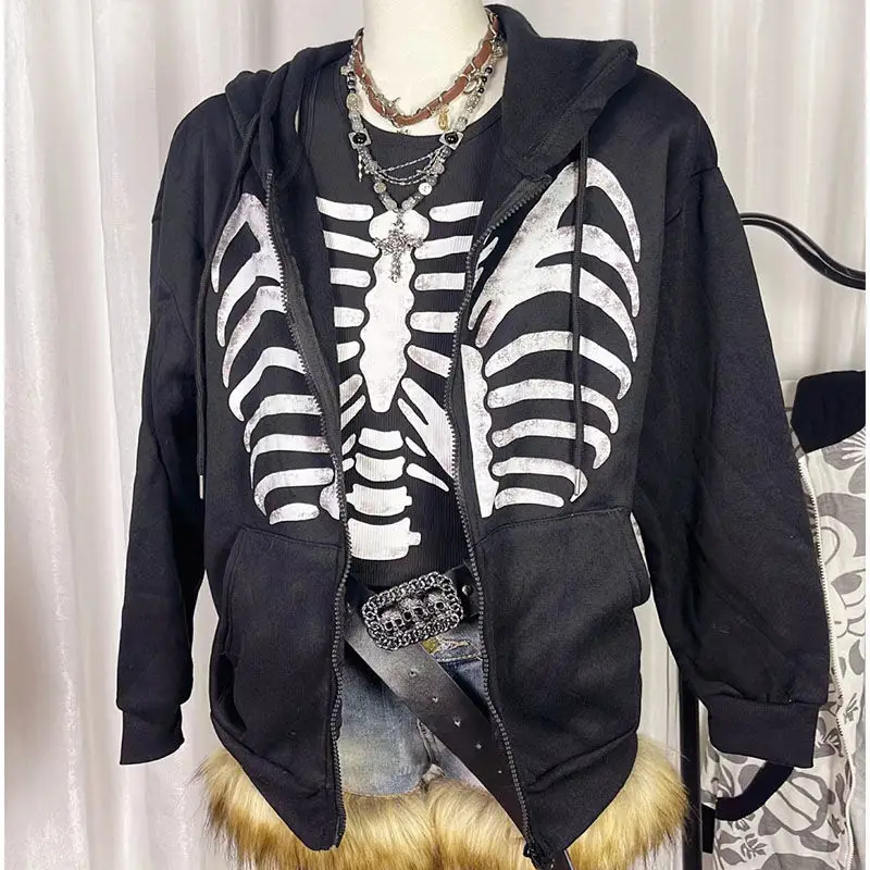 Punk Vintage Hoodies Winter Women Streetwear Skeleton Graphic Harajuku Hip Hop Outerwears 90s Girl Goth Grunge Y2k Hooded Zip-up