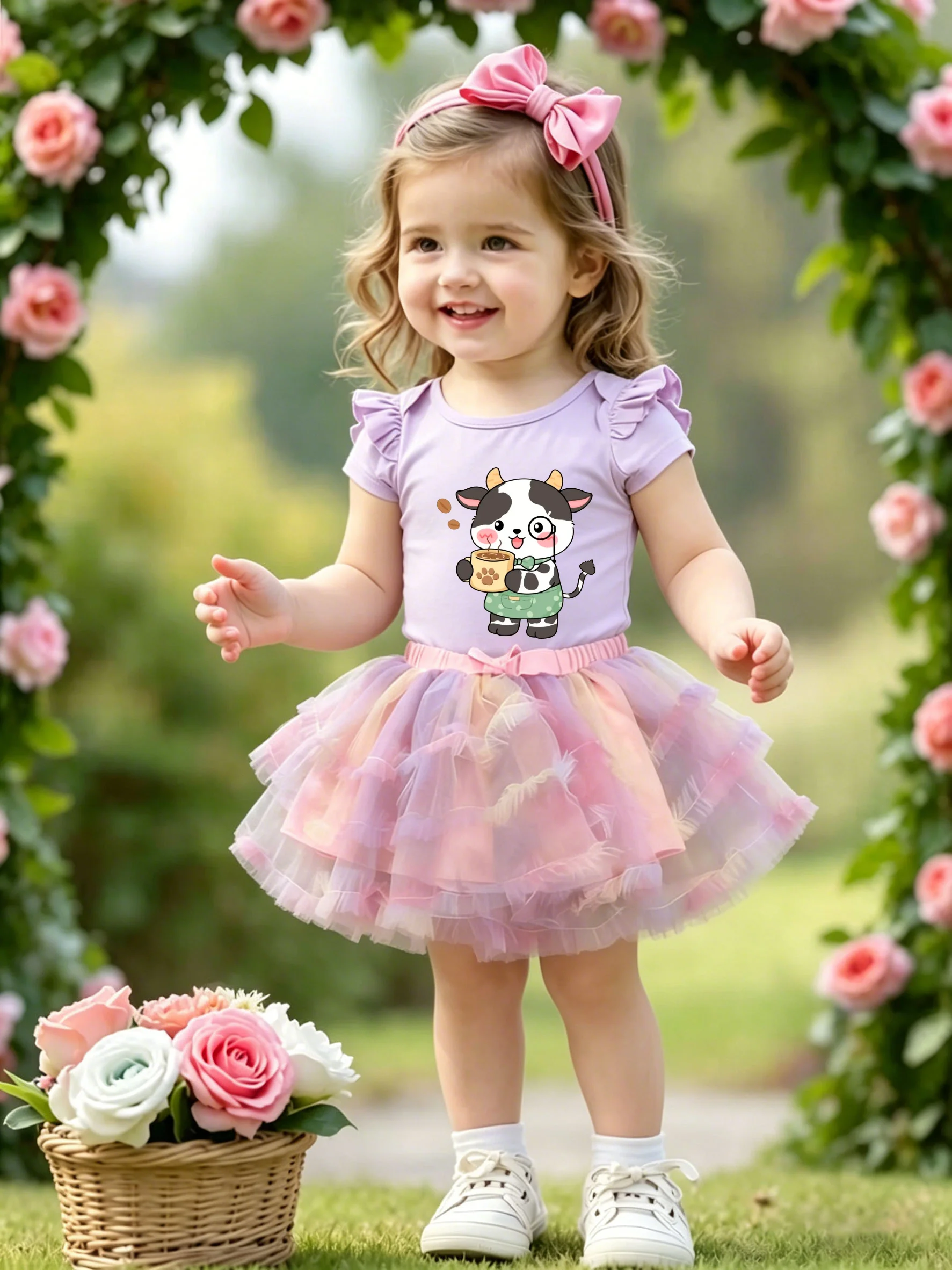 

Adorable Apron Cow Cartoon Print Kids Set, Light Purple T-Shirt + Gradient Tulle Tiered Skirt Two-Piece