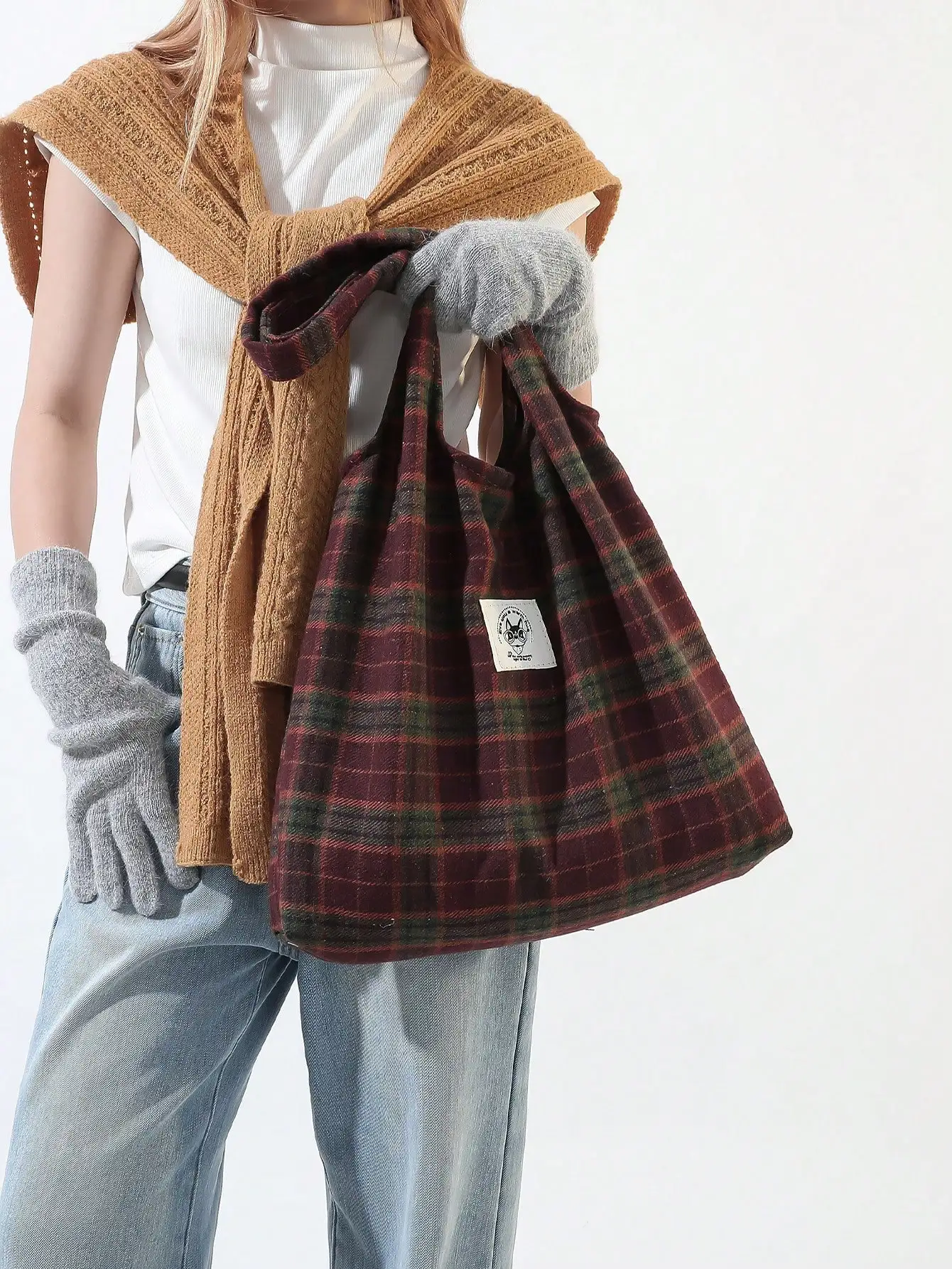Lässige Retro-Karierte Tragetasche Große Kapazität Tragbare Tasche Weiche und Langlebige Canvas-Schultertasche Geeignet für Tägliches Pendeln – Detail 6