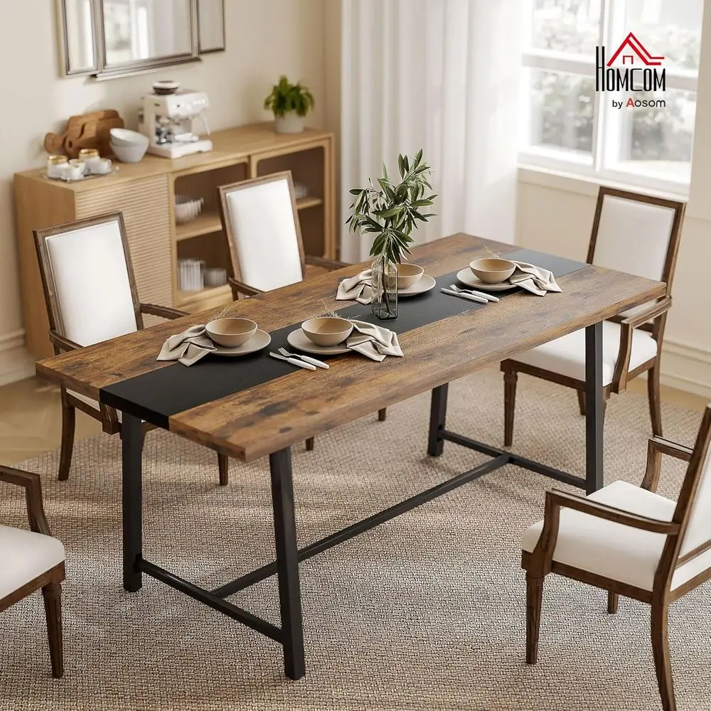 Mesa de jantar rústica marrom de 8 lugares, design retangular 70,9 com pernas de aço