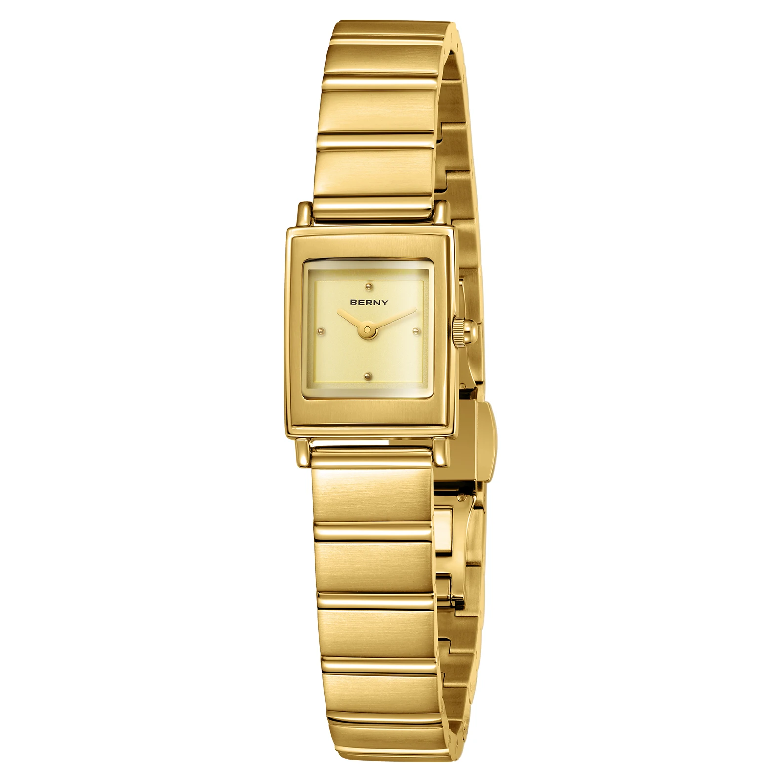 BERNY Gold Women's Watches Vintage Small Case Square Quartz Women Watch Elegant Minimalist Golden Stainless Steel Wristwatch