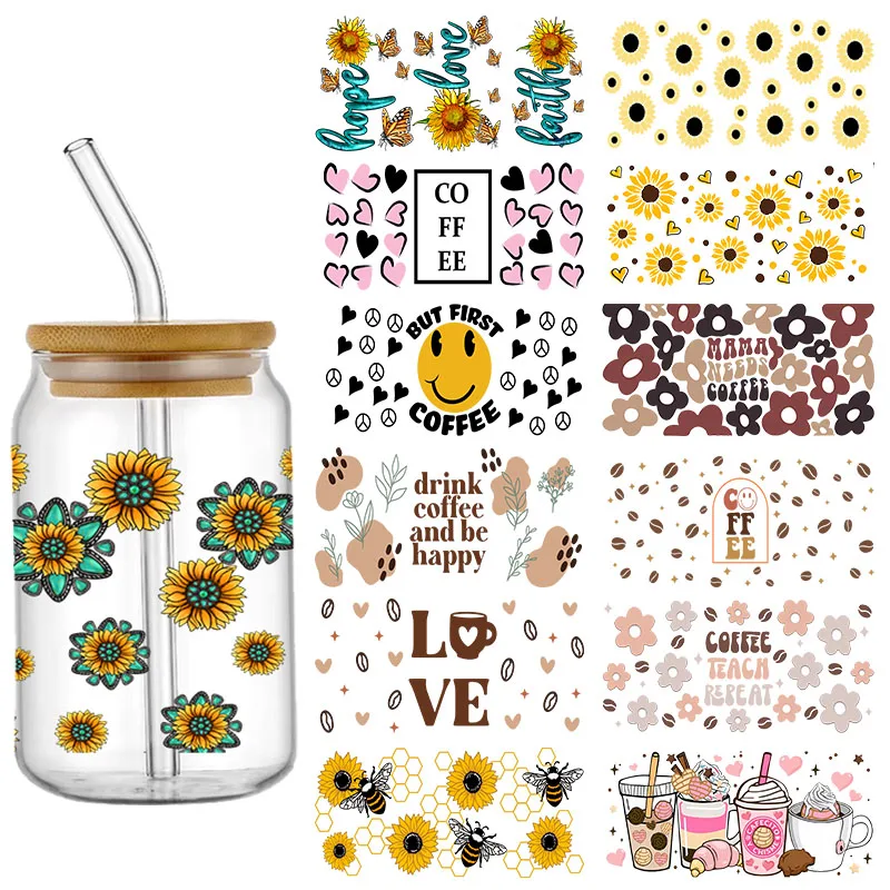 

Beautiful Flower Sunflower UV DTF Cup Wrap For 16OZ Libbey Glass Can UV DTF Transfer Senior 3D Sticker Waterproof DIY