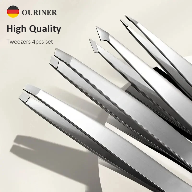 Professional Eyebrow Tweezers Set 4 Pcs, Stainless Steel for Precise Hair Removal - Slant & Pointed Tips for Ingrown Hairs